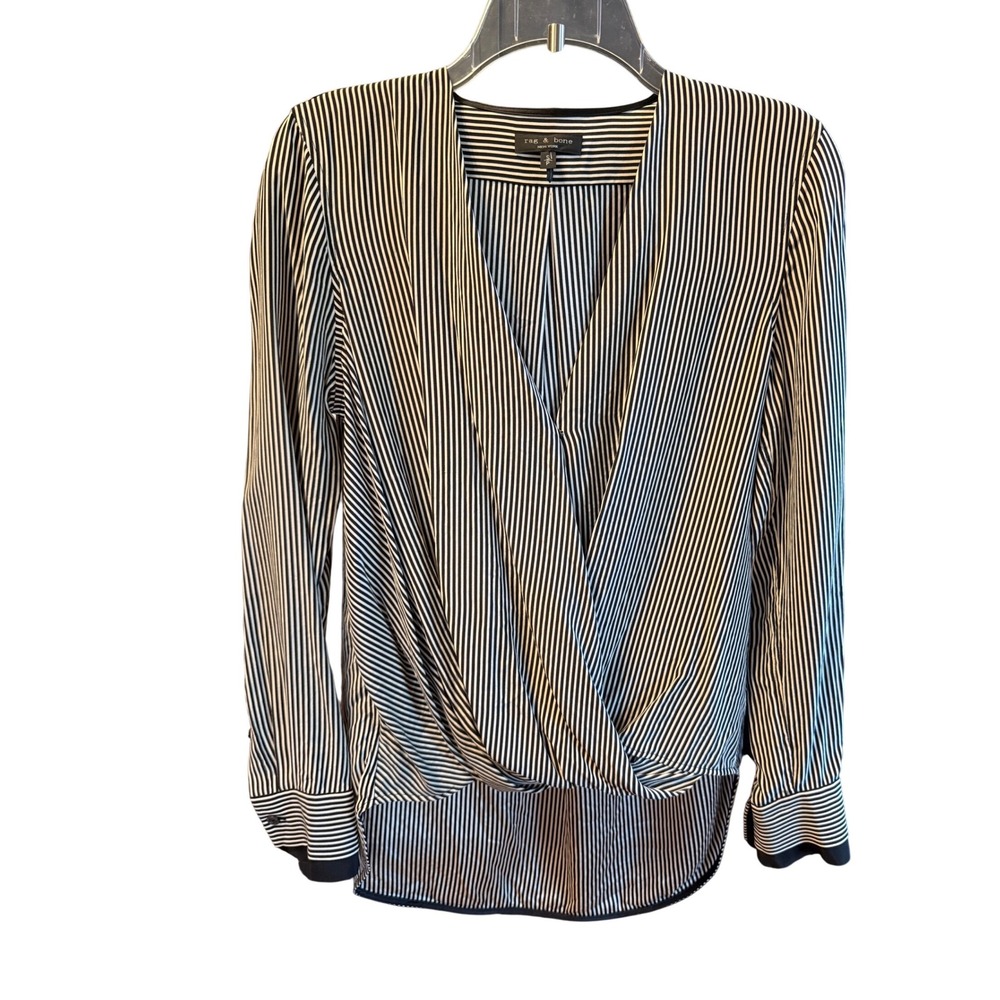 Rag & Bone Black White Striped Surplice Wrap Blouse V-Neck Long Sleeve Small